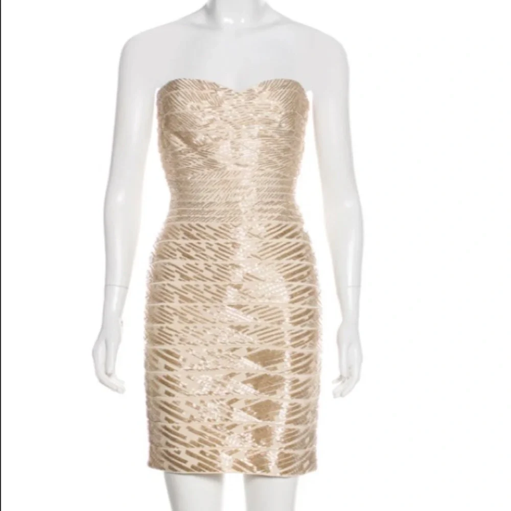 Herve Leger Strapless Bandage Mini Dress in Nude/Champagne - Picture 1 of 7